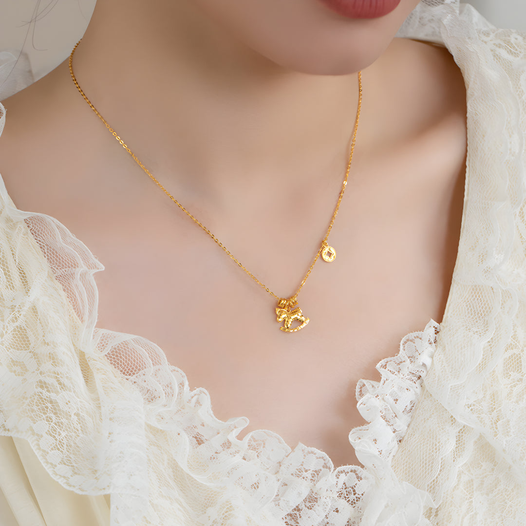 24K Pure Gold 5G Gold Pendant Trojan Rocking Horse with Necklace Bring Wealth - Gypsophila Co.