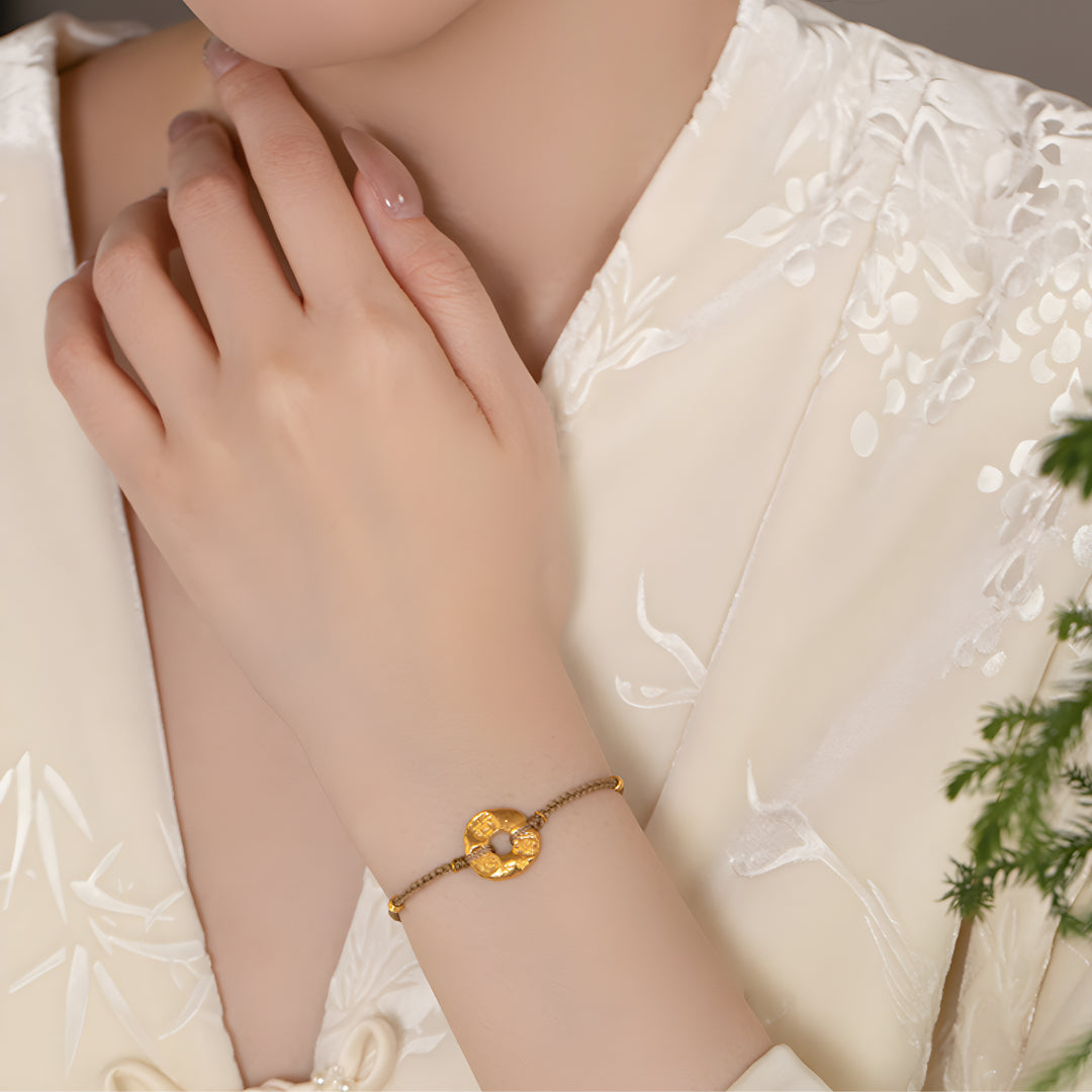 24K Pure Gold Lucky Chinese Words Charm with Braided Rope Bracelet