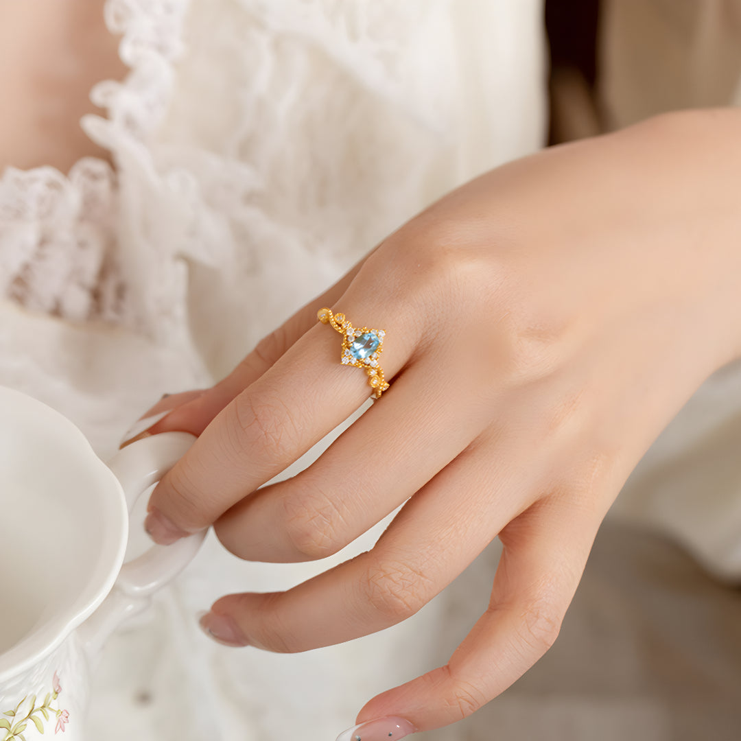 24K Real Gold Blue Water Drop Topaz Moissanite Rococo Style Proposal Ring - Gypsophila Co.