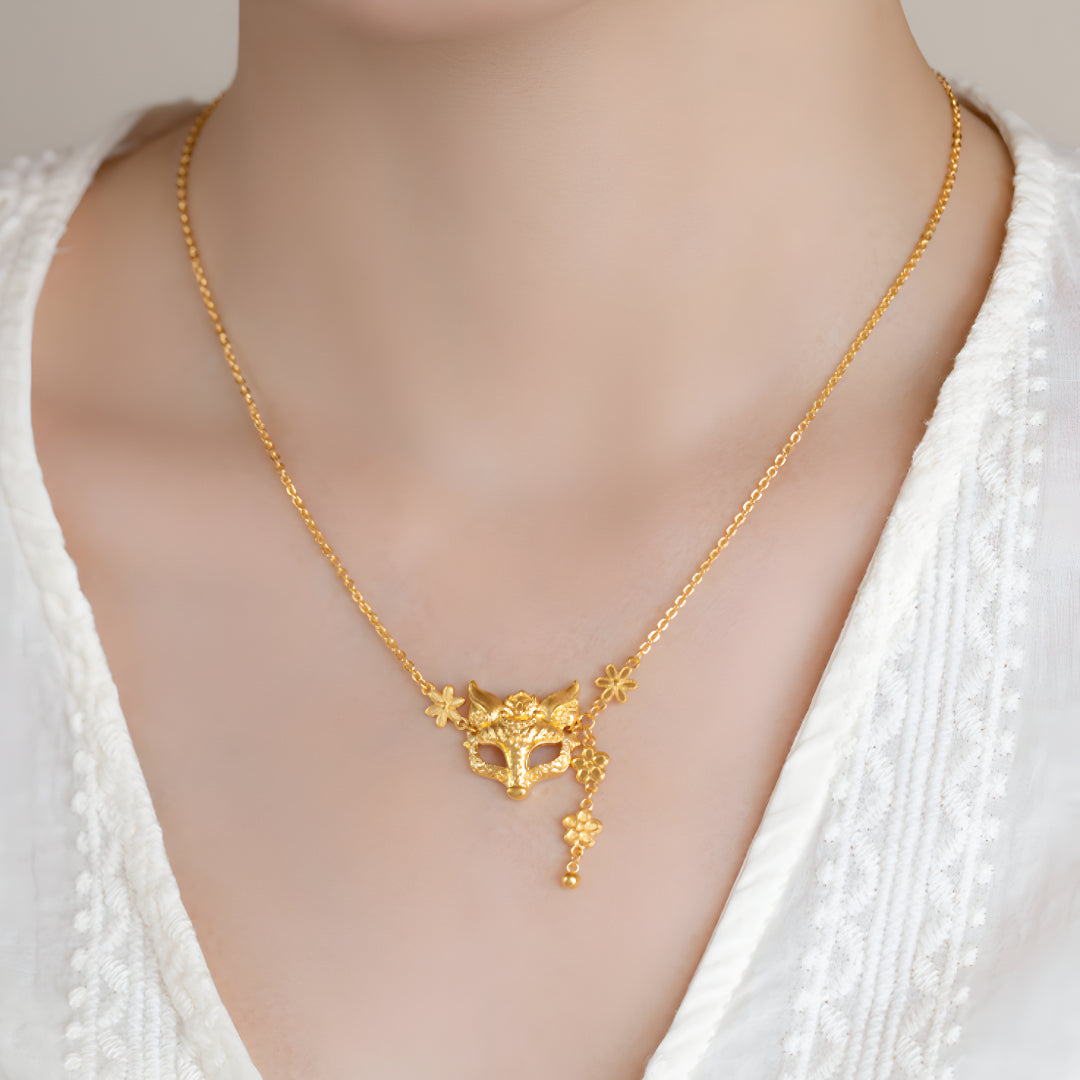 24K Pure Gold Peach Blossom Flower Fox Mask Charm Necklace - Gypsophila Co.
