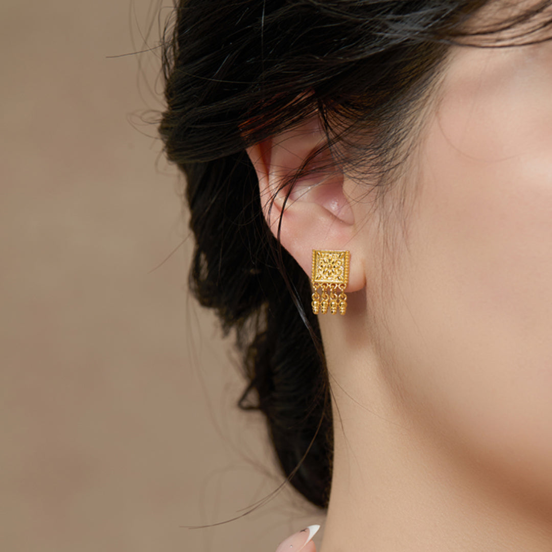 24K Real Gold handmade Ethnic Style Charm Dangle Flower Stud Earrings