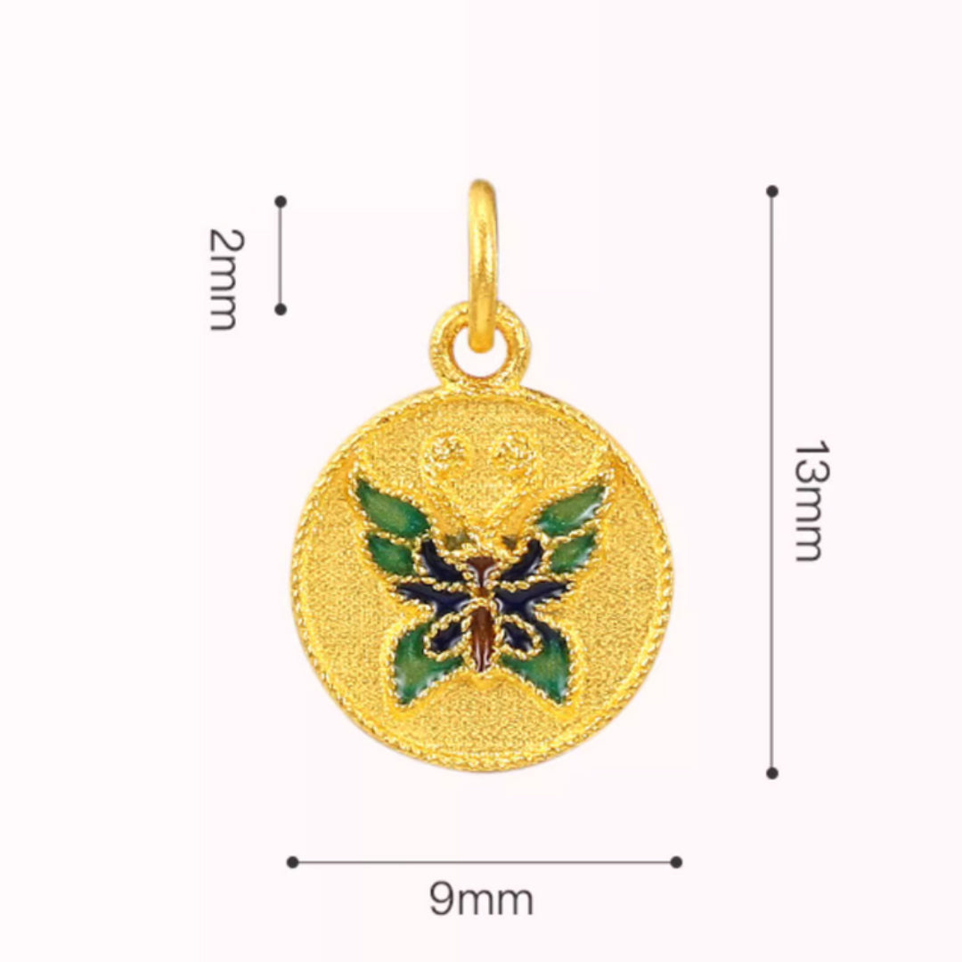 24k Pure Gold 999 Ancient Enamel Hand-engraved Double side Butterfly Charm Pendant