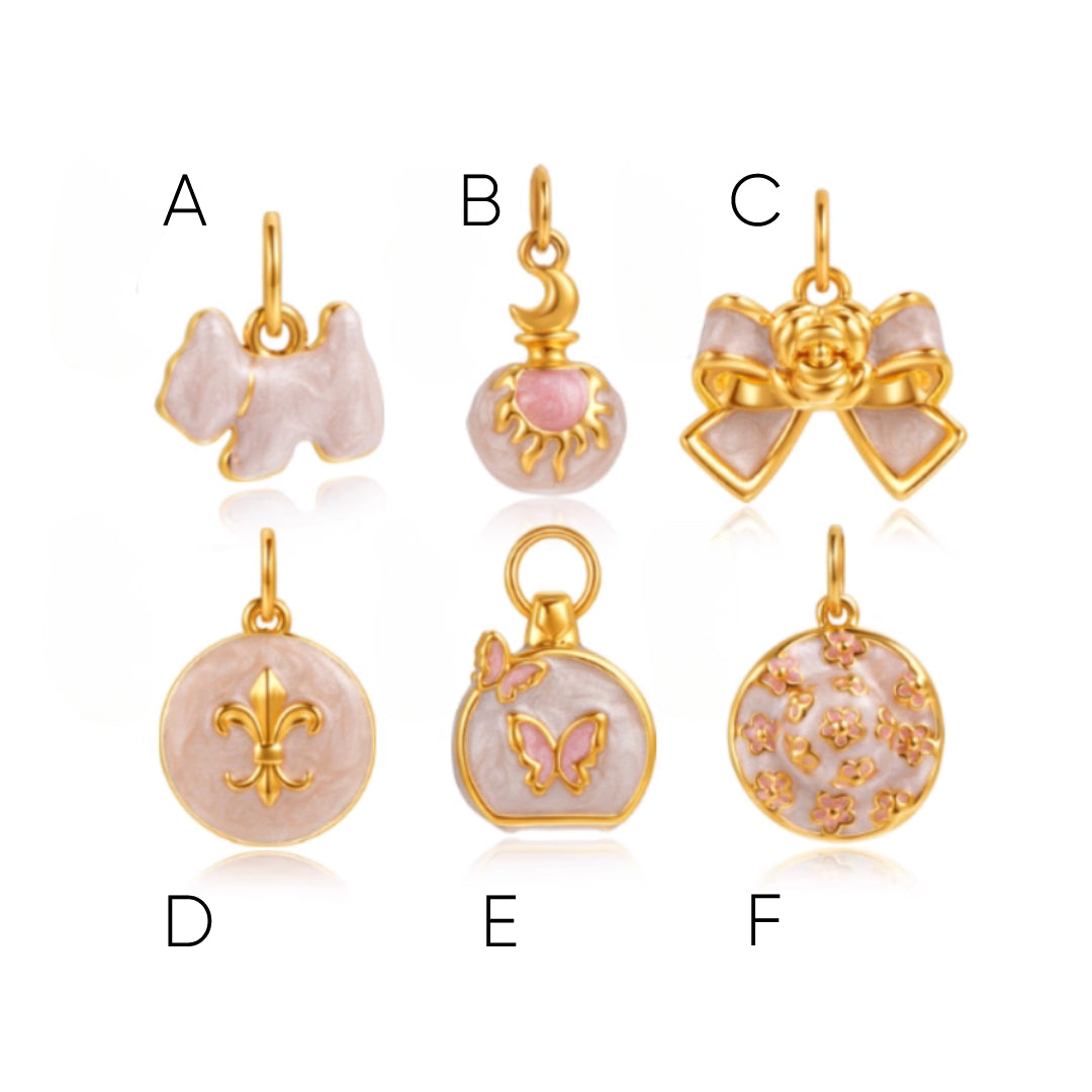 24K Pure Gold Pink Enamel 5D Hard Gold Dog Happy Face Bow and Perfume Bottle Charm D.I.Y Pendant - Gypsophila Co.