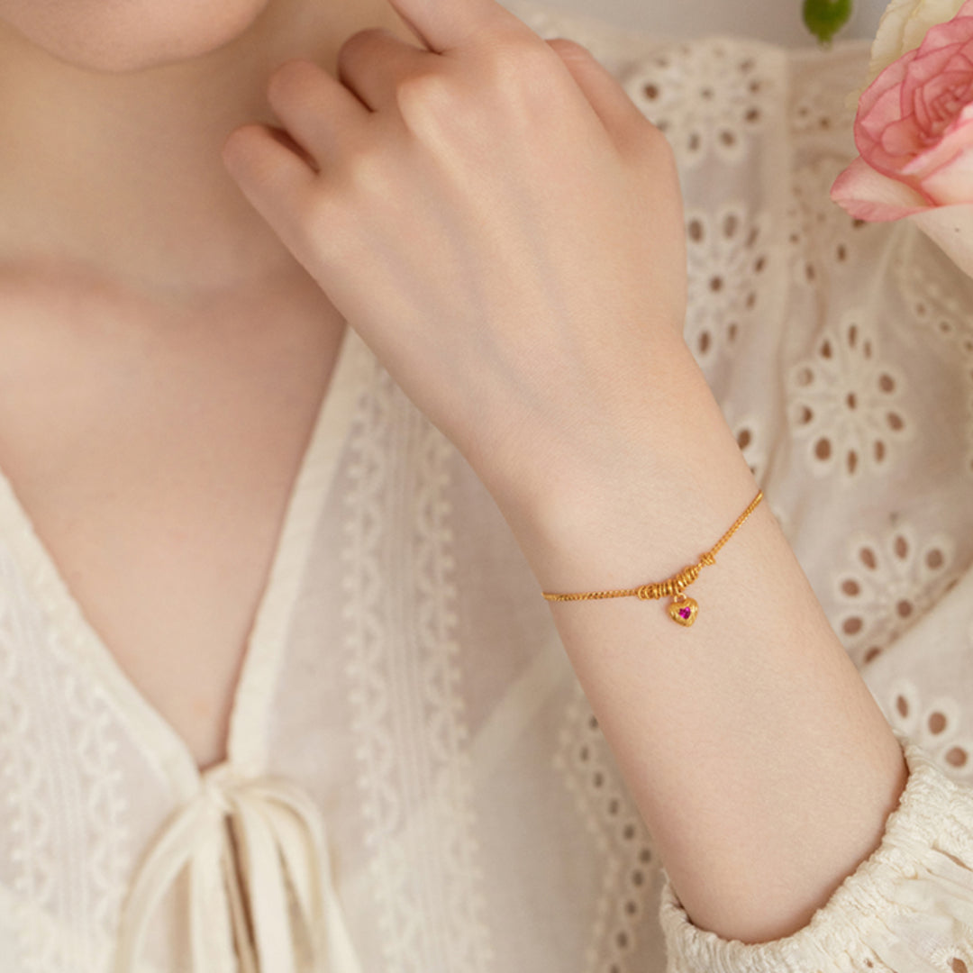 24K Real Gold Chain and link Bracelet with Beads and Heart Charm