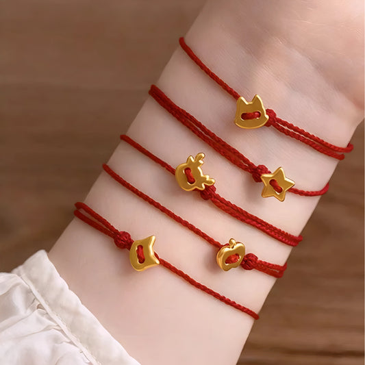 24k Pure 999 Gold Star Cat Dog Deer Apple Charm with Red Rope Bracelet