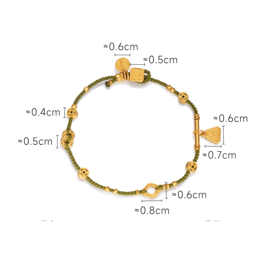24K Real Gold beads Charms Blessing Bell Lucky Green Tea rope string Braided bracelet