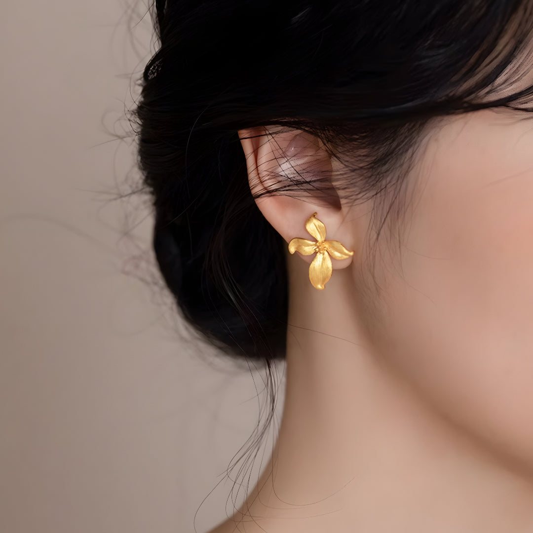 24k Pure Gold Orchid Flower Stud Earrings