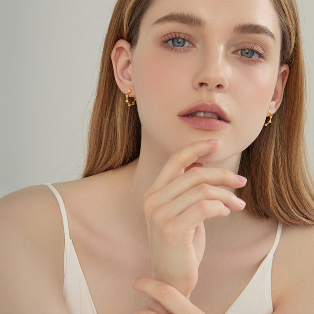 18K Real Gold Bamboo Hoop Earrings