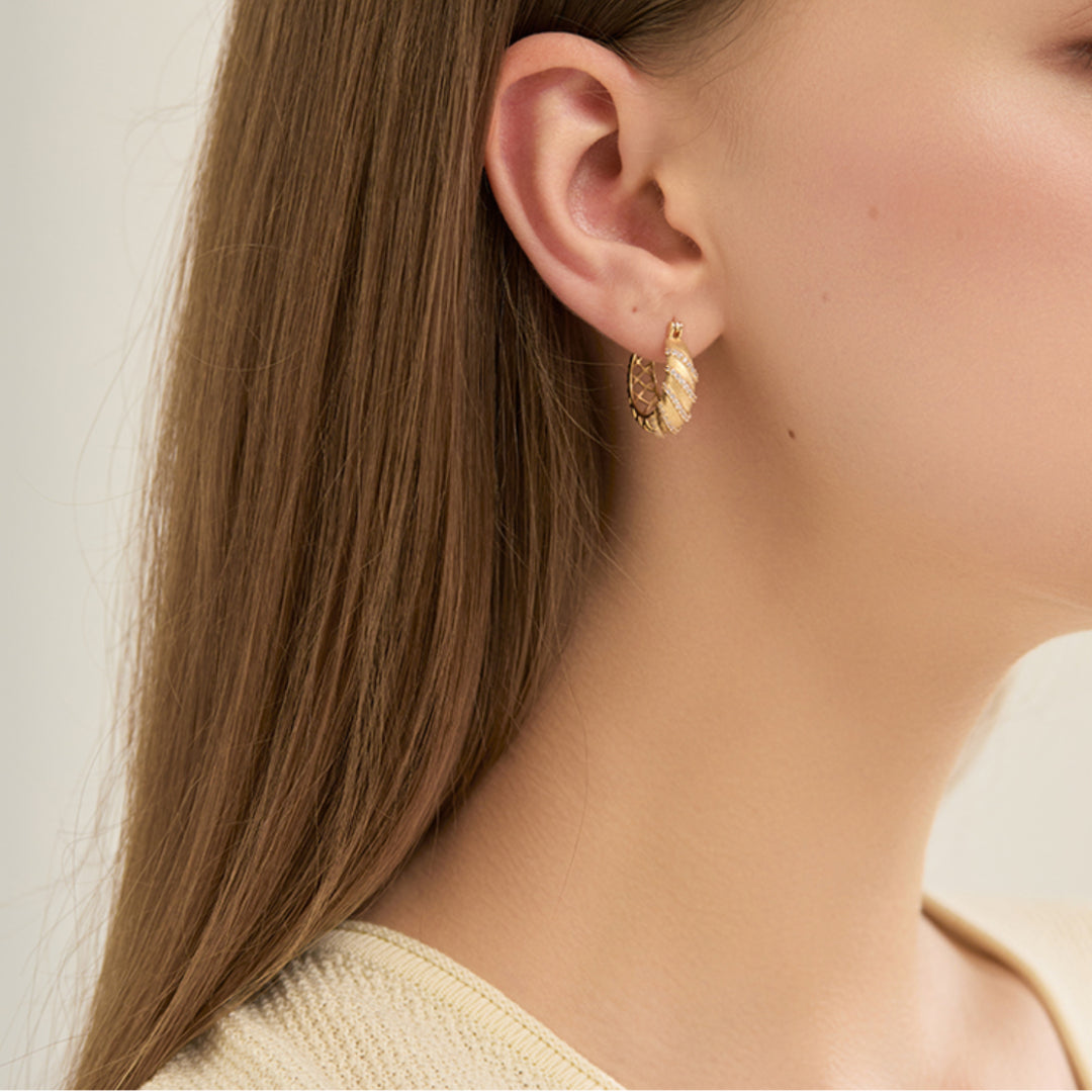 18k Real Gold Inlaid Rotating Twist Zircon Hoop Earrings