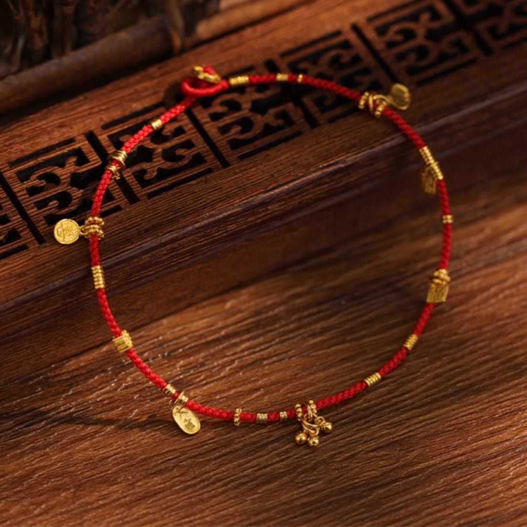 24K Real Gold beads Charms Blessing Bell Lucky Red Rope string Braided Anklet
