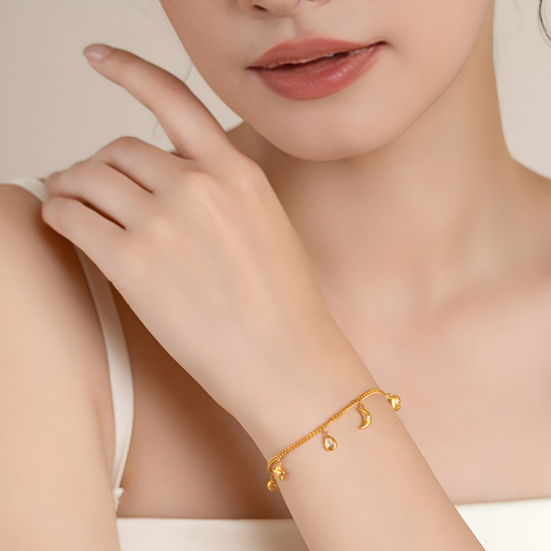 24k Pure Gold Moon and Star Charm Zircon Bracelet - Gypsophila Co.