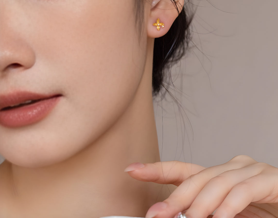 24K Pure Solid Gold Osmanthus Flower Stud Earrings - Gypsophila Co.