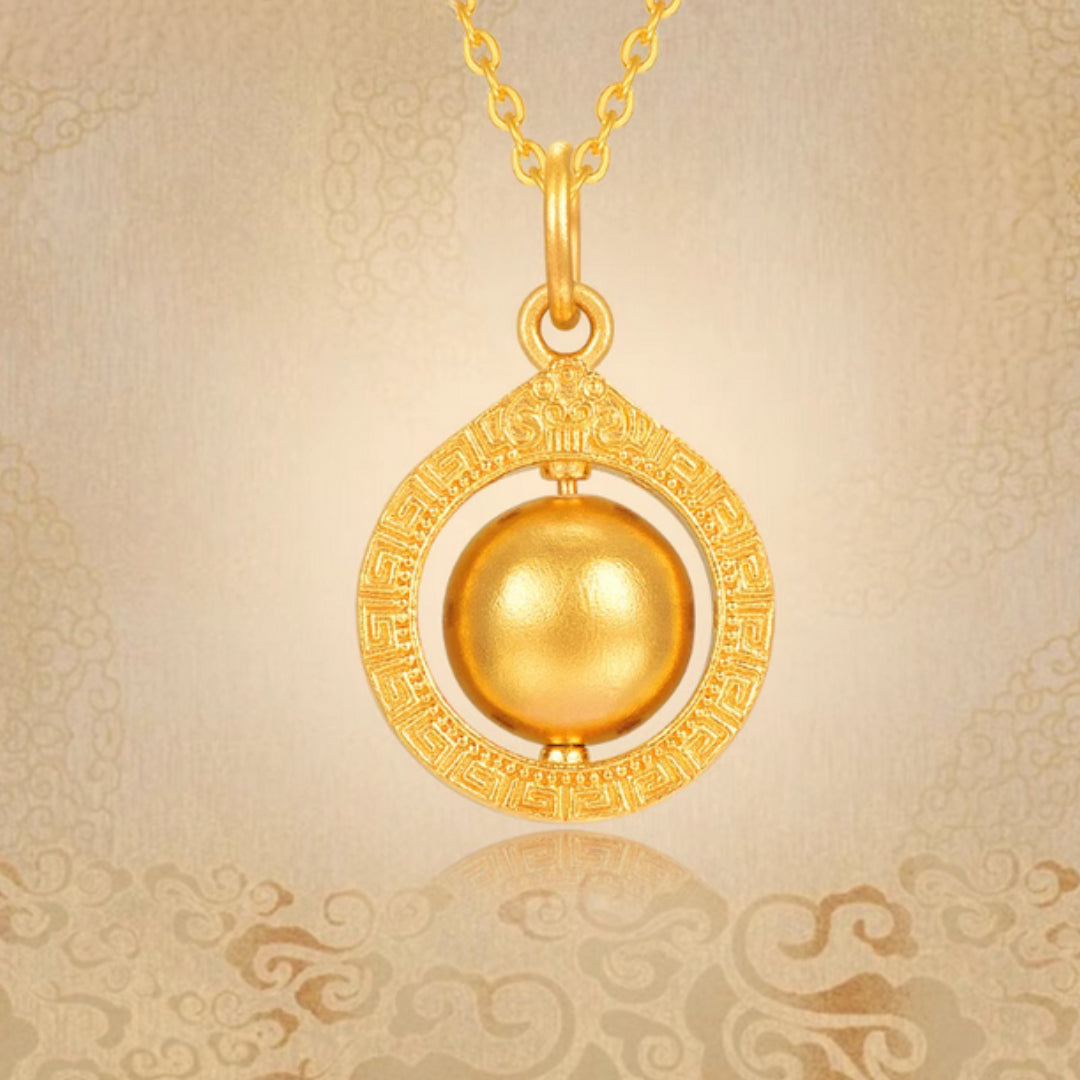 24K Gold Pendant with Gold Pattern Circle and Rotatable Ball bring Wealth