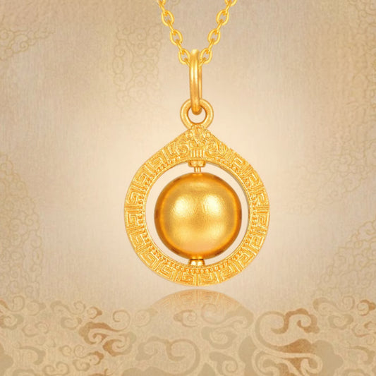 24K Gold Pendant with Gold Pattern Circle and Rotatable Ball bring Wealth