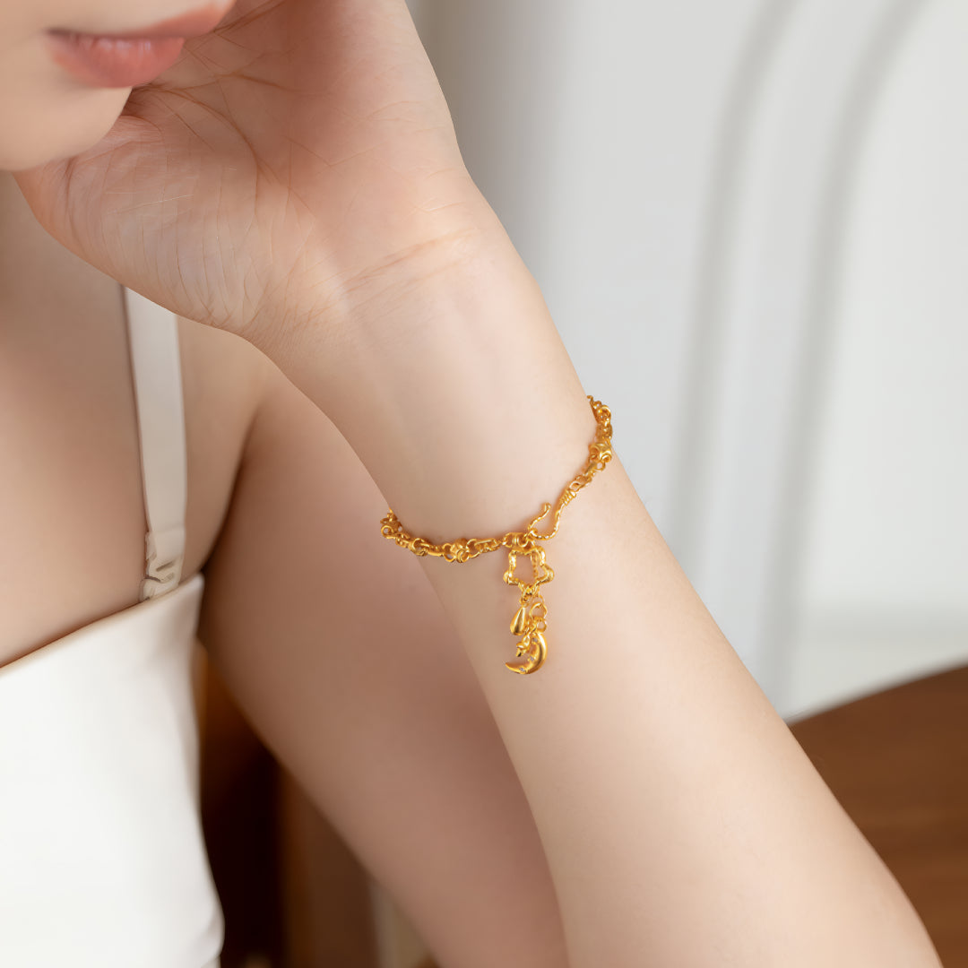 24K Pure Gold Moon and Star Dangle Charm Romantic Make a Wish Bracelet - Gypsophila Co.