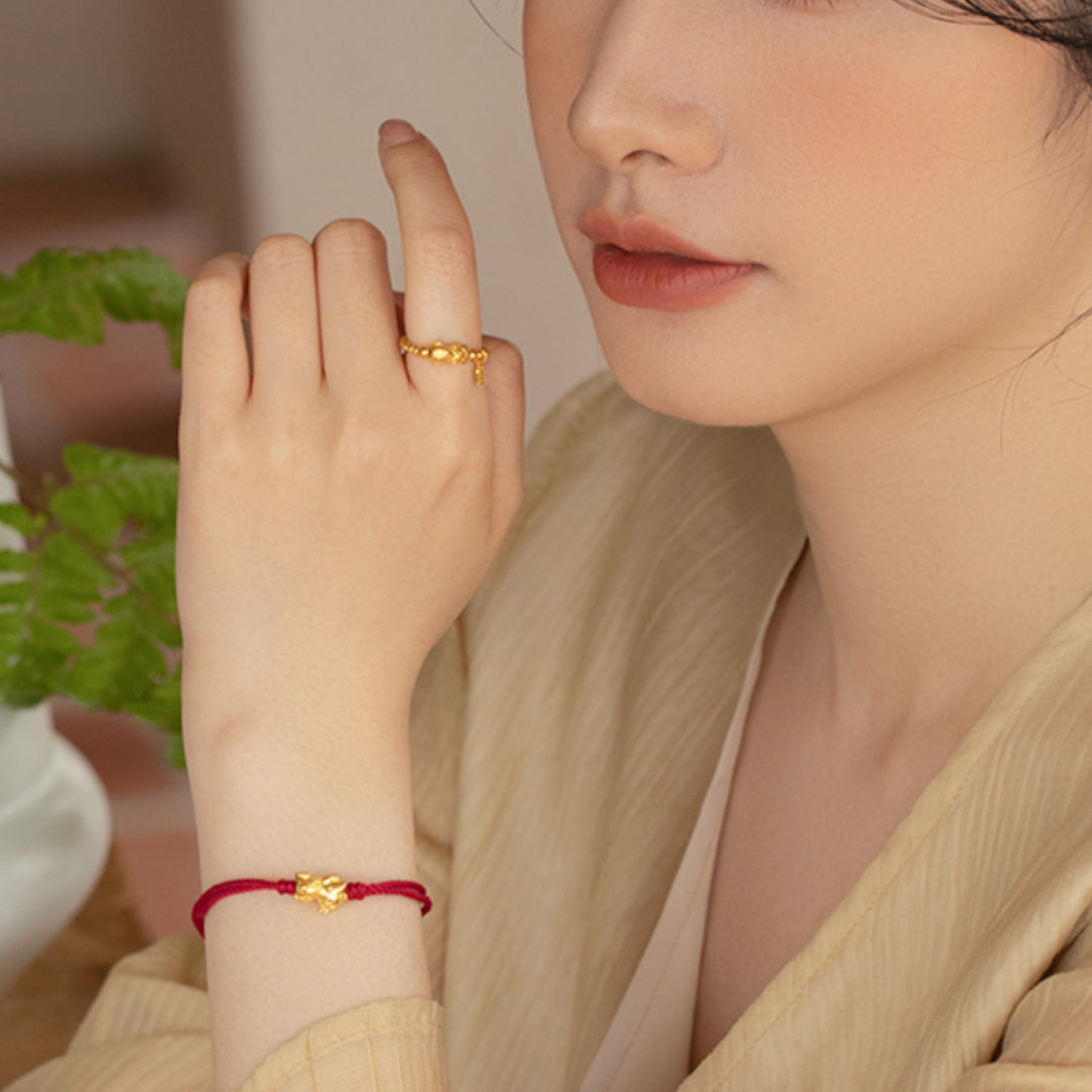 24K Real Gold Pixiu Creature Bring Wealth and Luck Beads Ring with Charms