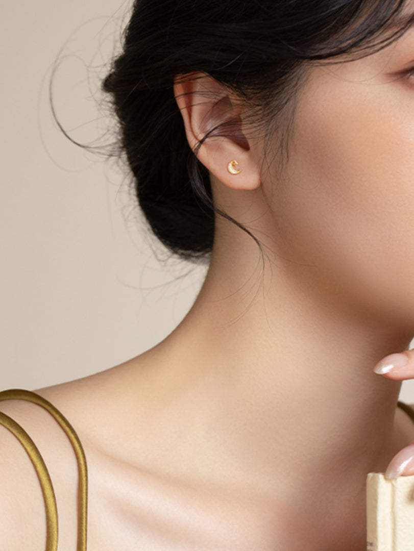 18K Pure Gold Zircon Moon and Star Romantic Stud Earrings - Gypsophila Co.