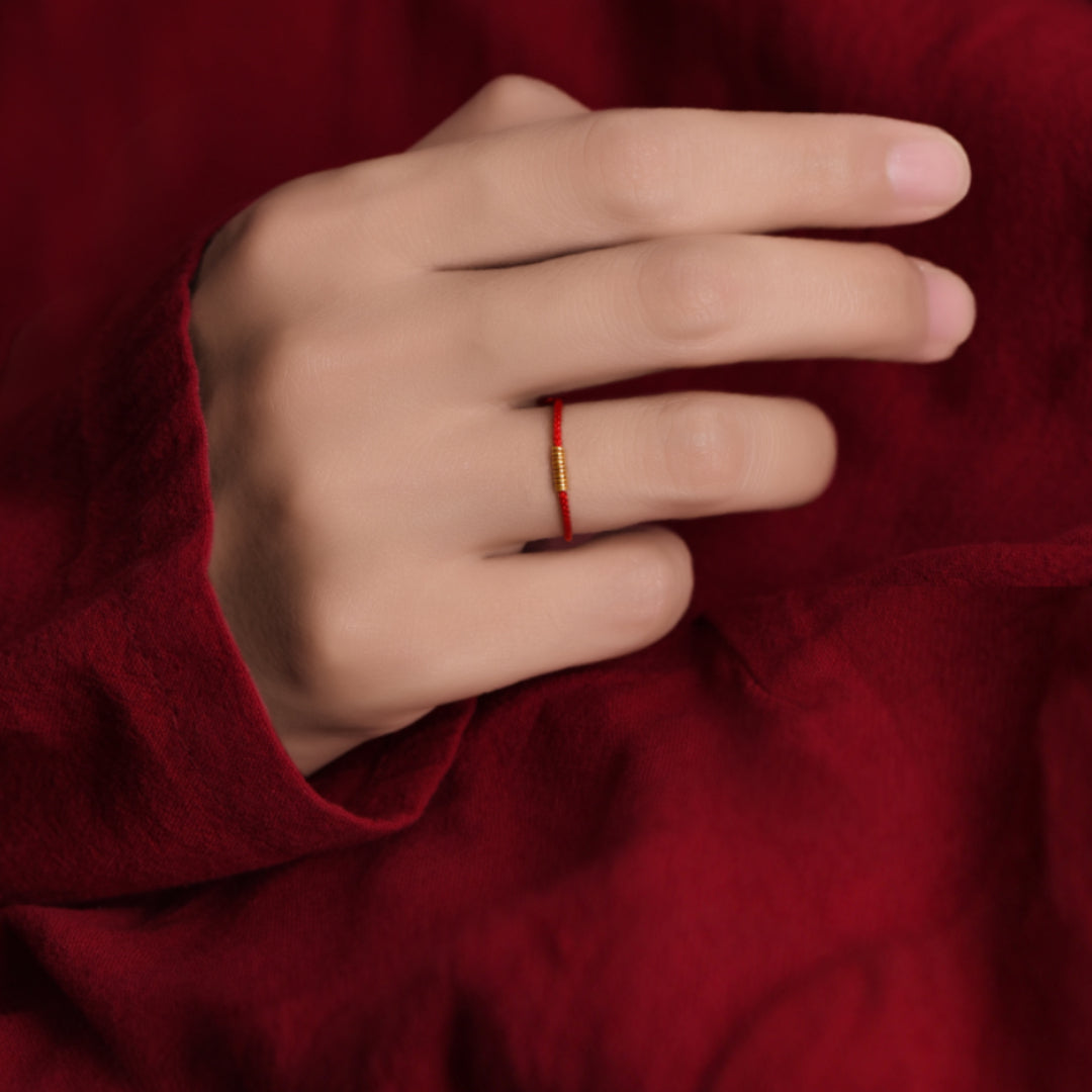 24k Solid 999 Gold Lucky Beads Red Rope Braided Adjustable Stacking Ring Minimal Style