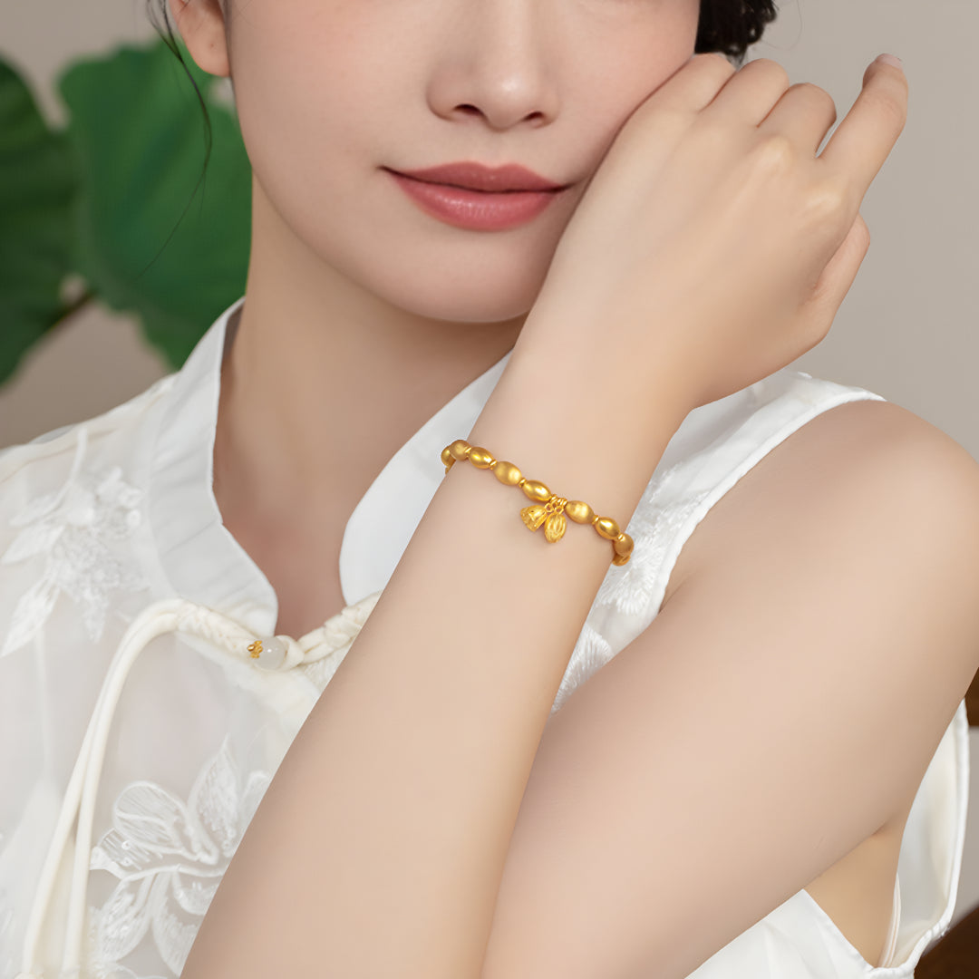 24k Real Gold Beads Bracelet with Lotus Charm Pendant - Gypsophila Co.