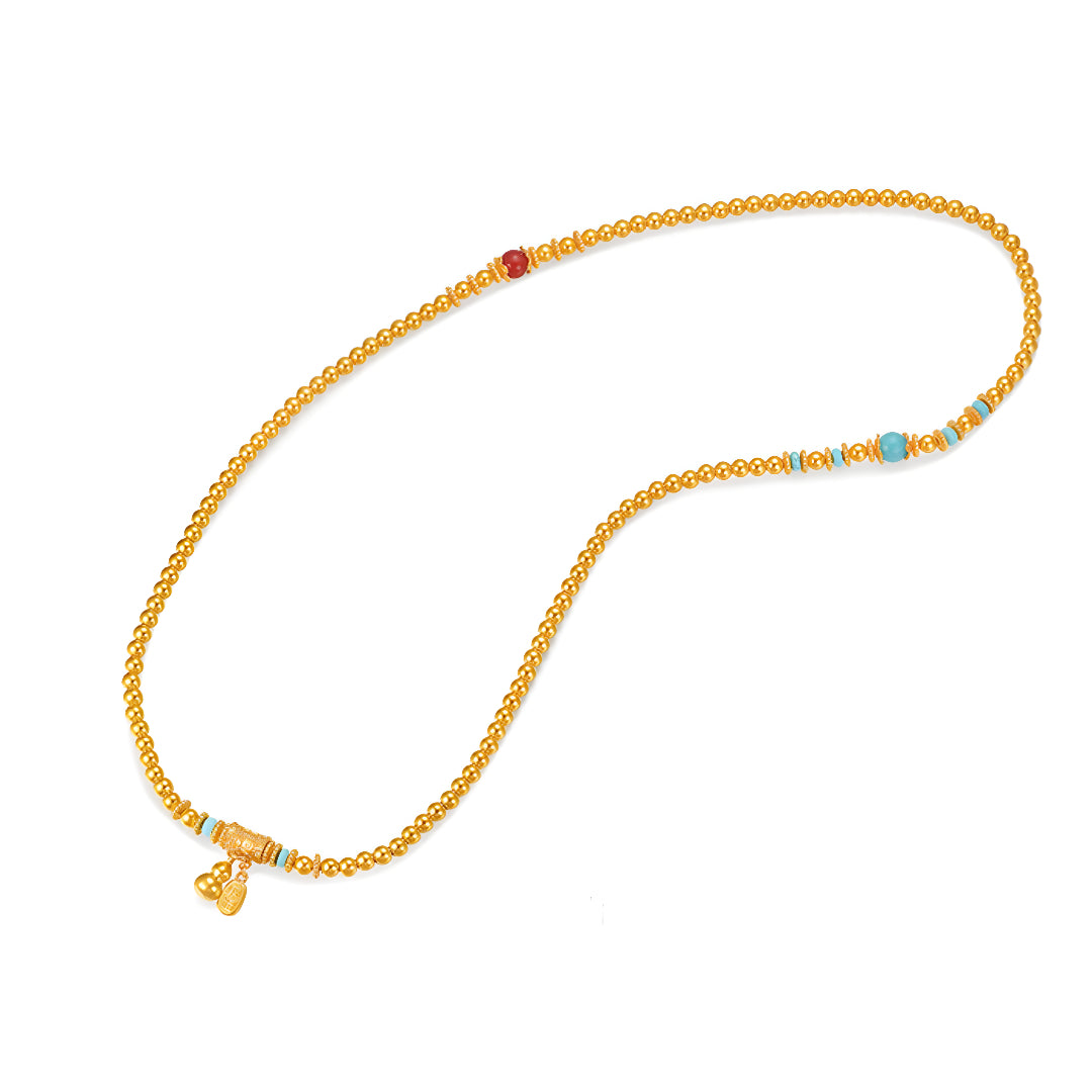 24K Real Gold Beads Bracelet Necklace multi-use Gourd Charm Bring Wealth Bracelet