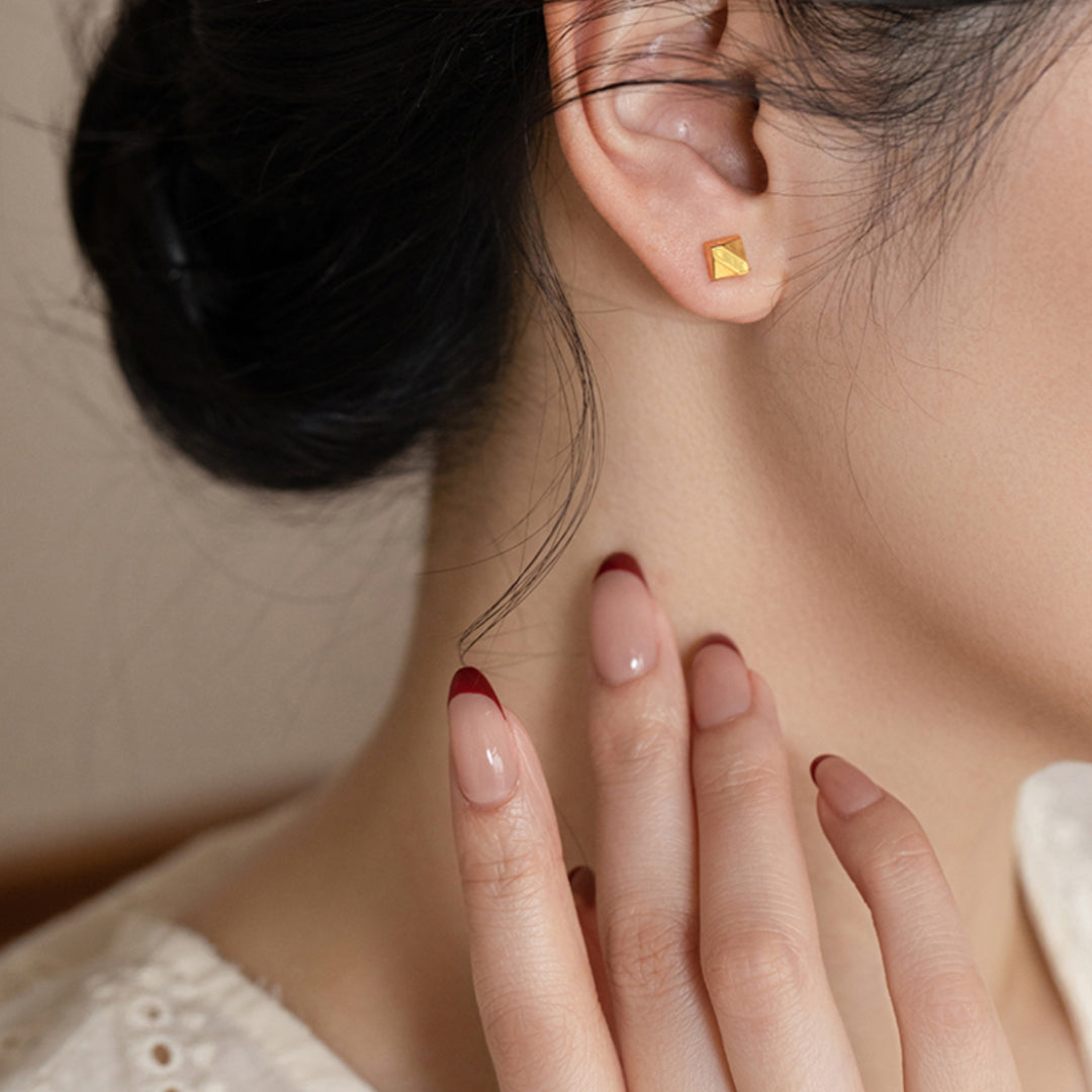 18K Real Gold Square Minimal Minimalist Stud Earrings