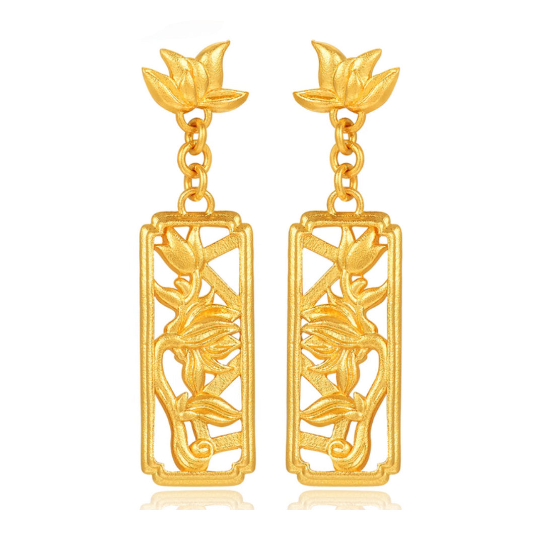 24K Pure Earrings Anicent Style Window Art Lotus Stud Earrings - Gypsophila Co.