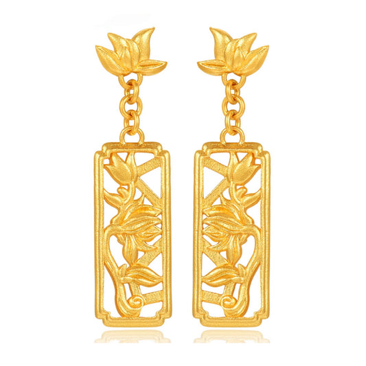 24K Pure Earrings Anicent Style Window Art Lotus Stud Earrings - Gypsophila Co.