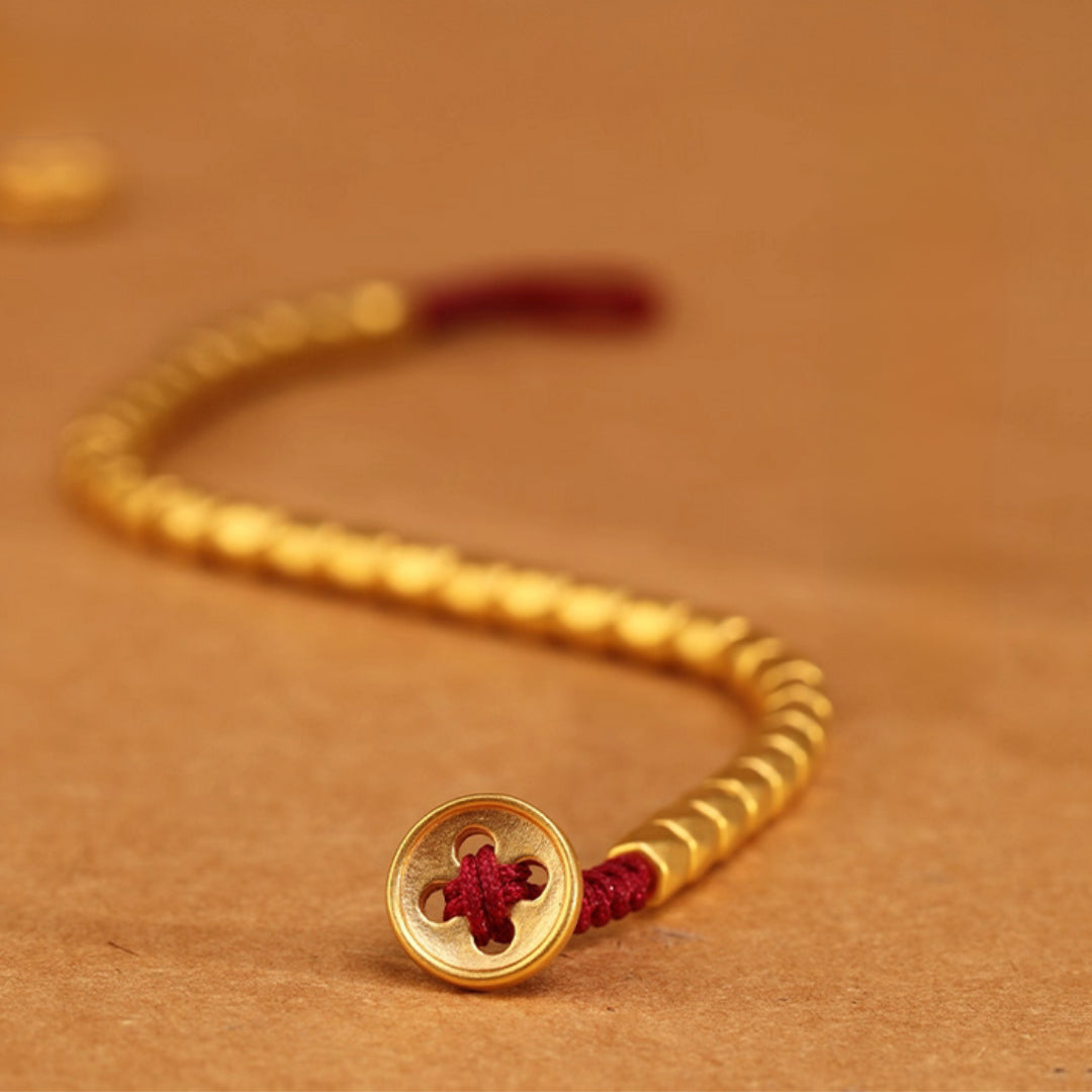 24k Solid 999 Gold Beads Red Braided Rope Bracelet for Men and Women Blessing and Luck