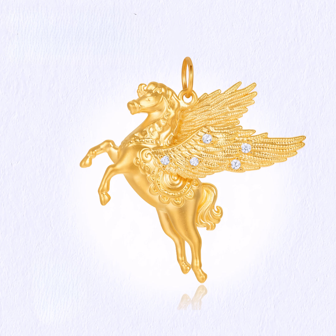24k Real Gold Zodiac Year of Horse Unicorn with Zircon Wings Flying Horse Pendant