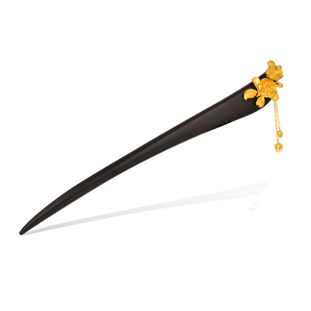 24k Gold Flower Tassel charm Ebony Hairpin Hair Bun Stick - Gypsophila Co.