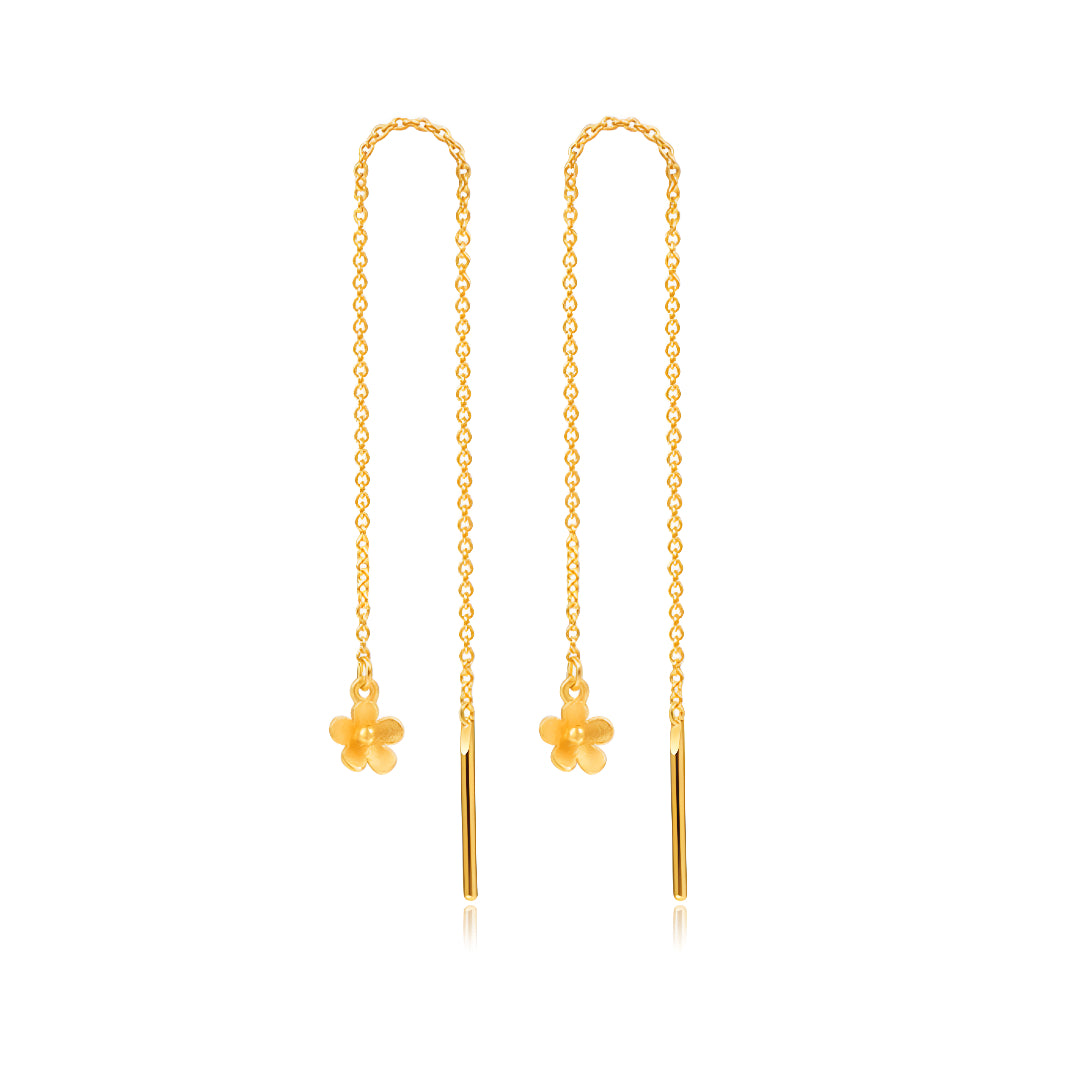 24k Real 999 Gold Flower Cherry Blossom Charm Threader Earrings