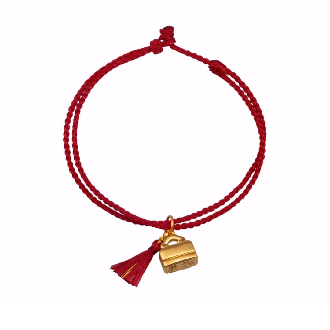 24k Pure 999 Gold Lucky Charm With Chinese"Cherish blessings" Red Rope Bracelet