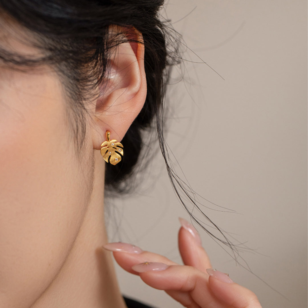 24k Pure Gold Leaf Leaves Zircon Stud Earrings
