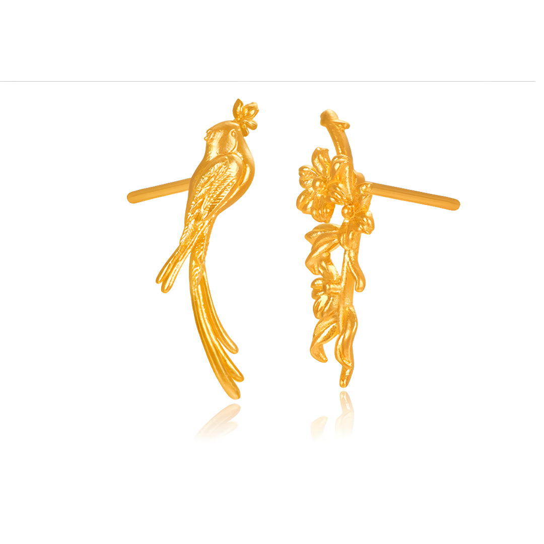 24K Real Gold Bird and Flower Unique Stud Earrings