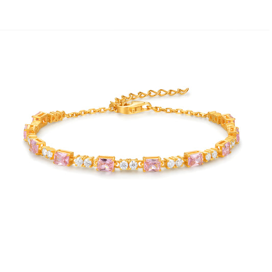 24K Real Gold Pink Zircon Charms Chain Bracelet