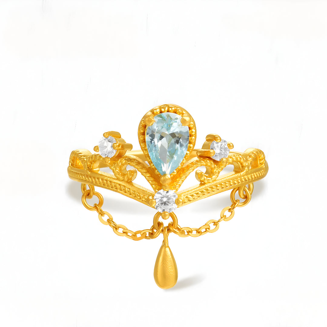 24K Blue Tears Pure Gold Ring Crown Water Drop Statement Ring - Gypsophila Co.