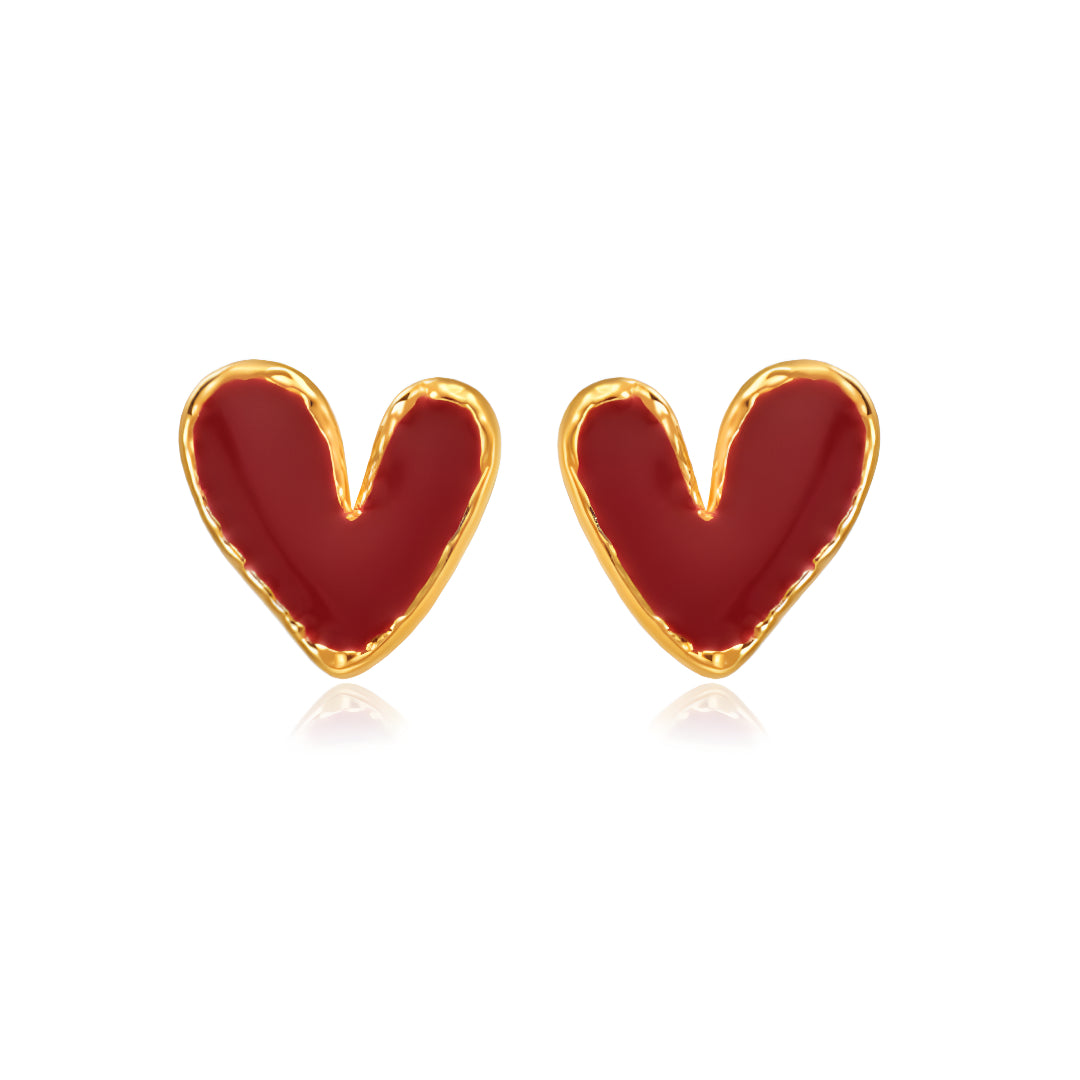 24K Real Gold Enamel Red Heart Love Valentine Gift Stud Earrings