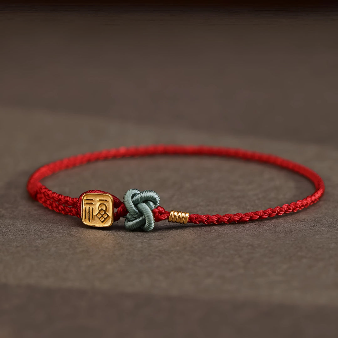 24k Solid 999 Gold Chinese Word Fu Blessing Pendant with Red String Braided Rope Bracelet for Good Luck