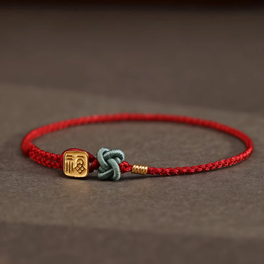 24k Solid 999 Gold Chinese Word Fu Blessing Pendant with Red String Braided Rope Bracelet for Good Luck