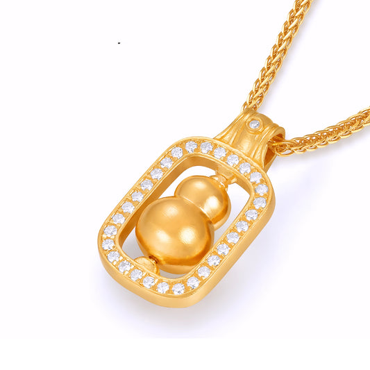 24K Pure 999 Gold Gourd Anicent Lucky Moissanite Rotatable Pendant