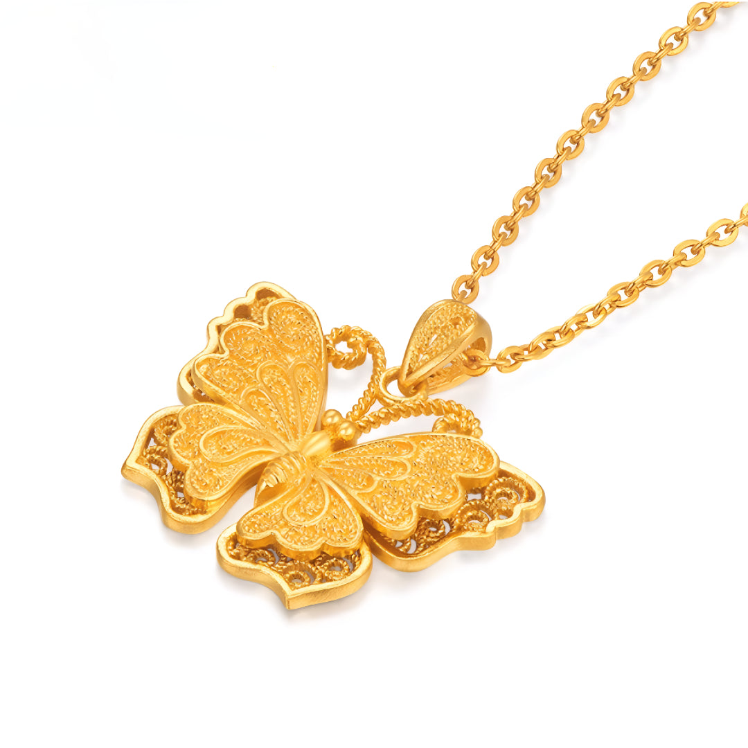24K Gold 999 Pure Gold Filigree Butterfly Pendant - Gypsophila Co.