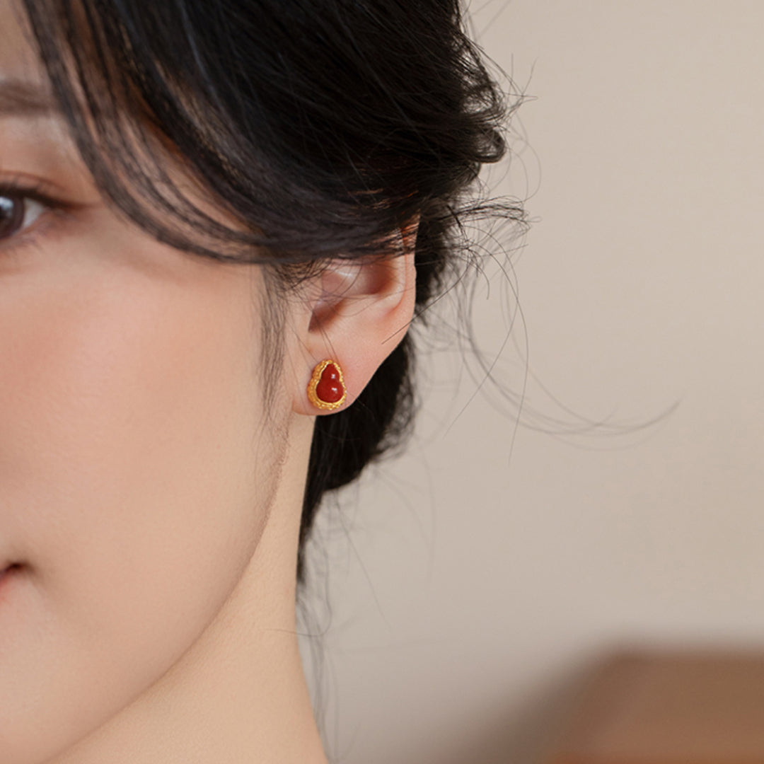24K Pure Gold Lucky South Red Agate Gourd Stud Earrings - Gypsophila Co.
