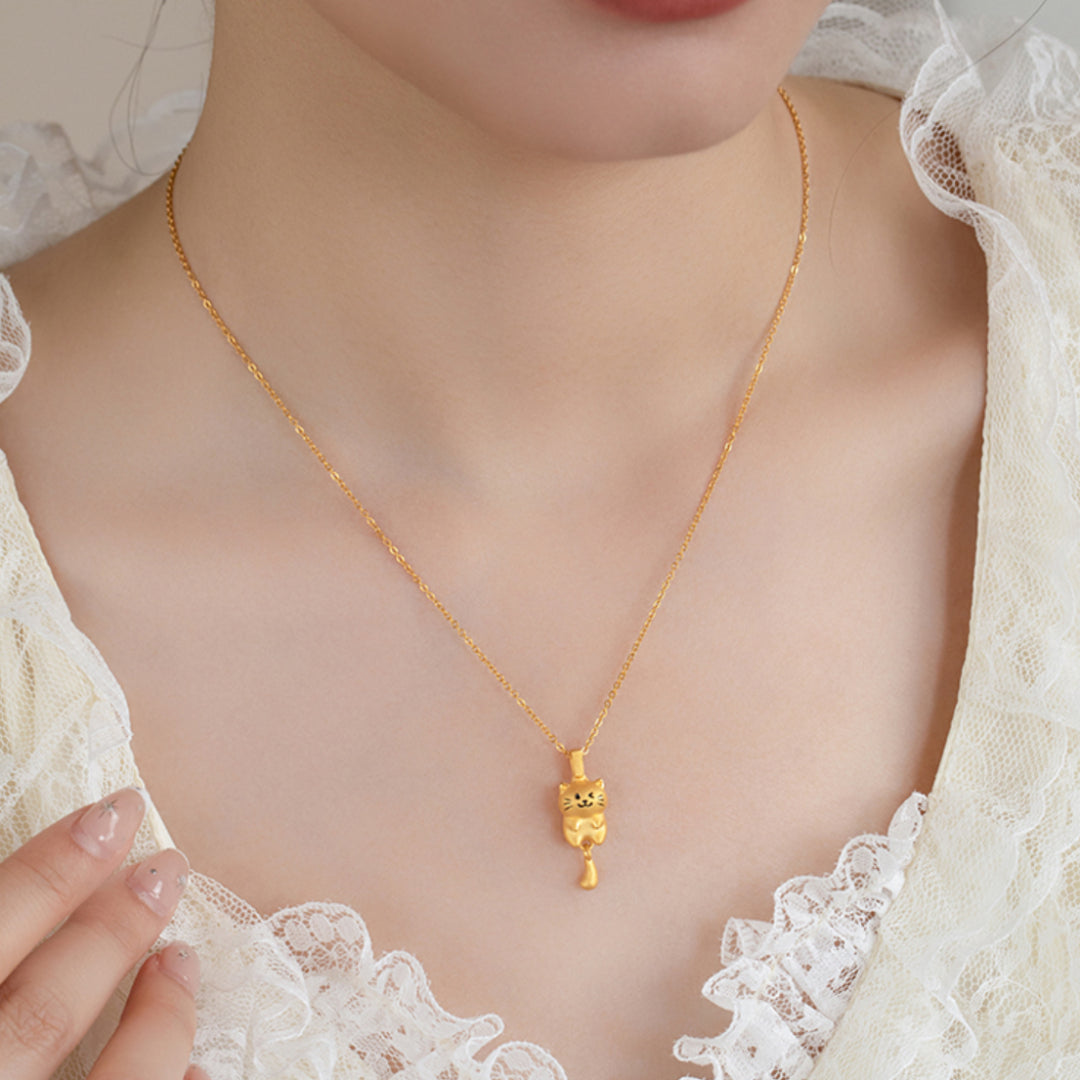 24K Pure Gold Playful Enamel Kitty Cat wiggle Tail Pendant