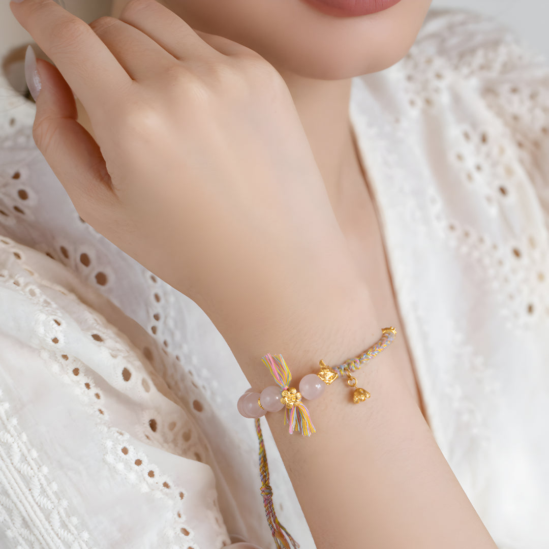 24K Pure Gold Peach Blossom Fox Mask Charm Braided Pink Crystal Rope Bracelet - Gypsophila Co.