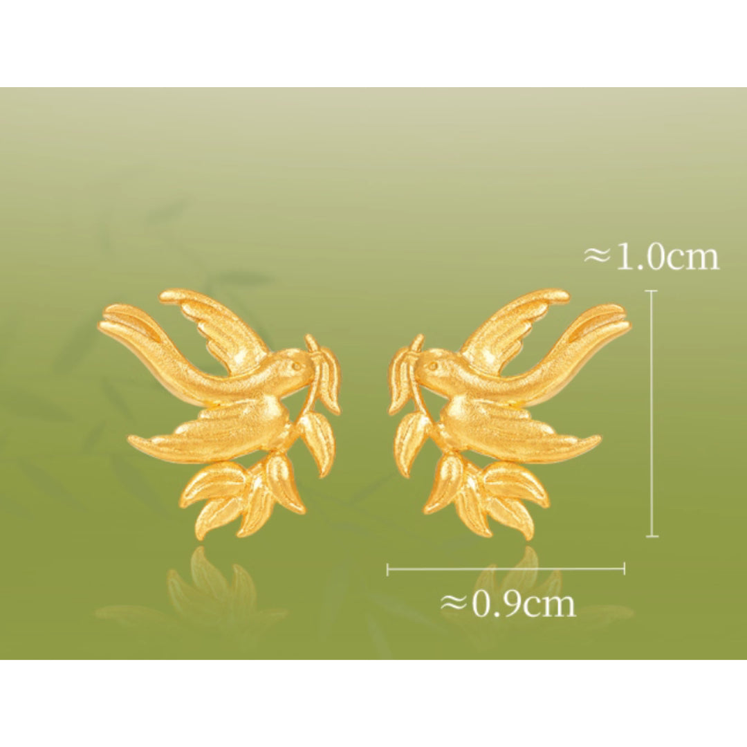 24K Real Gold Bird Swallow Peace Leaf Stud Earrings
