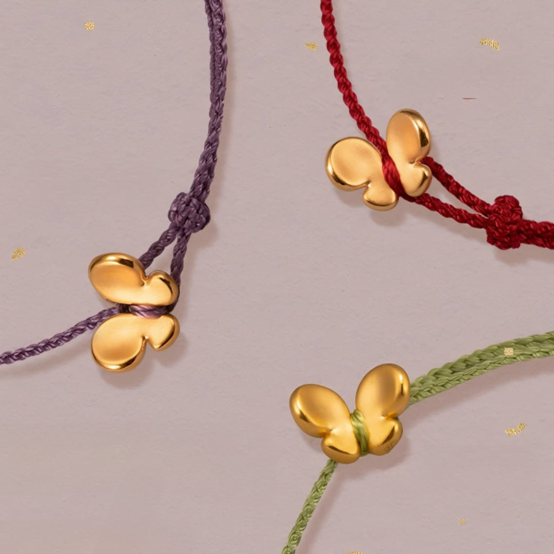 24k Pure 999 Gold Lucky Butterfly Charm with Red Rope Bracelet
