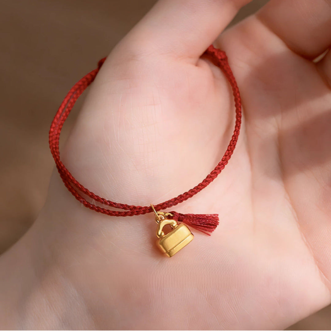 24k Pure 999 Gold Lucky Charm With Chinese"Cherish blessings" Red Rope Bracelet