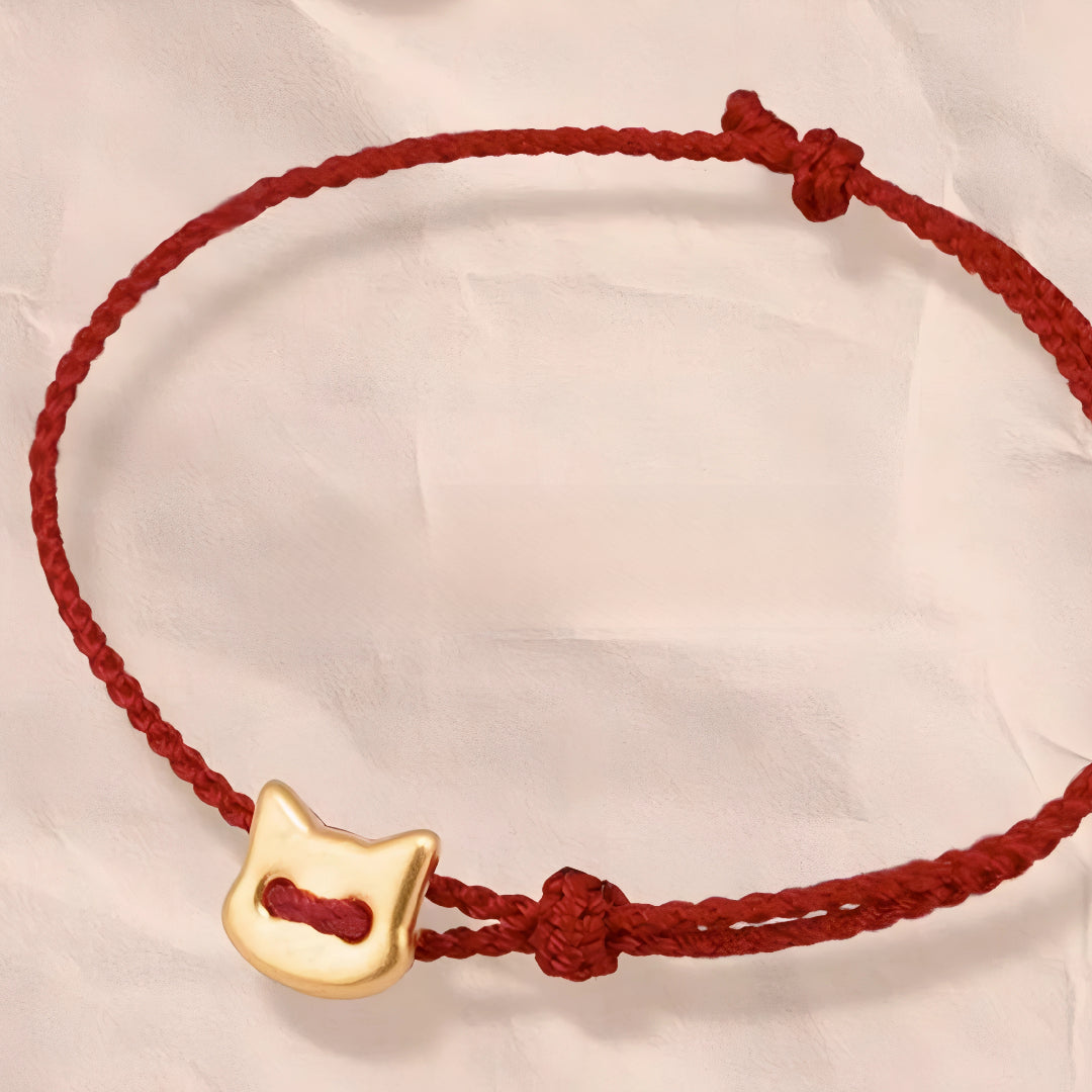 24k Pure 999 Gold Star Cat Dog Deer Apple Charm with Red Rope Bracelet