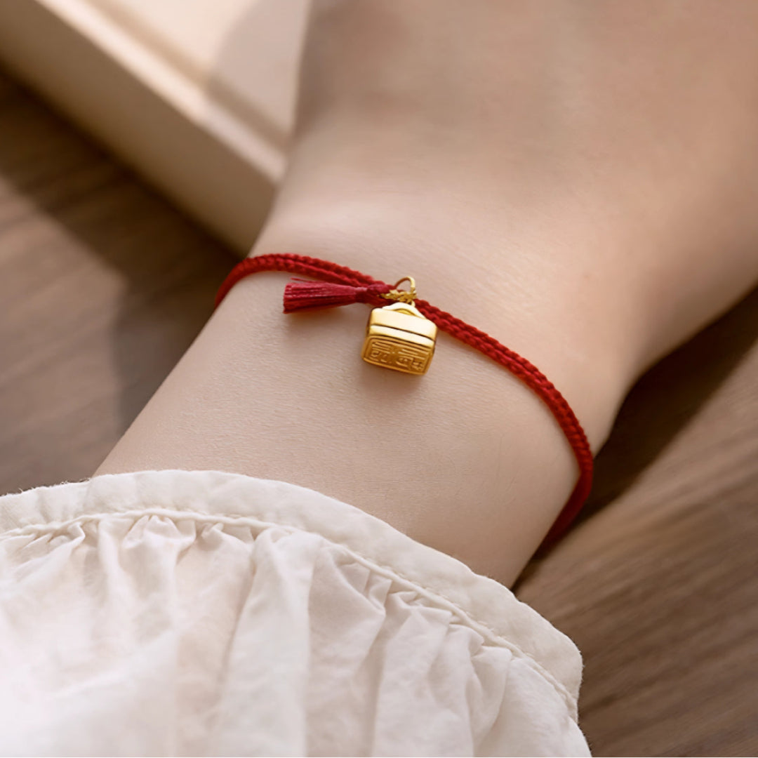 24k Pure 999 Gold Lucky Charm With Chinese"Cherish blessings" Red Rope Bracelet