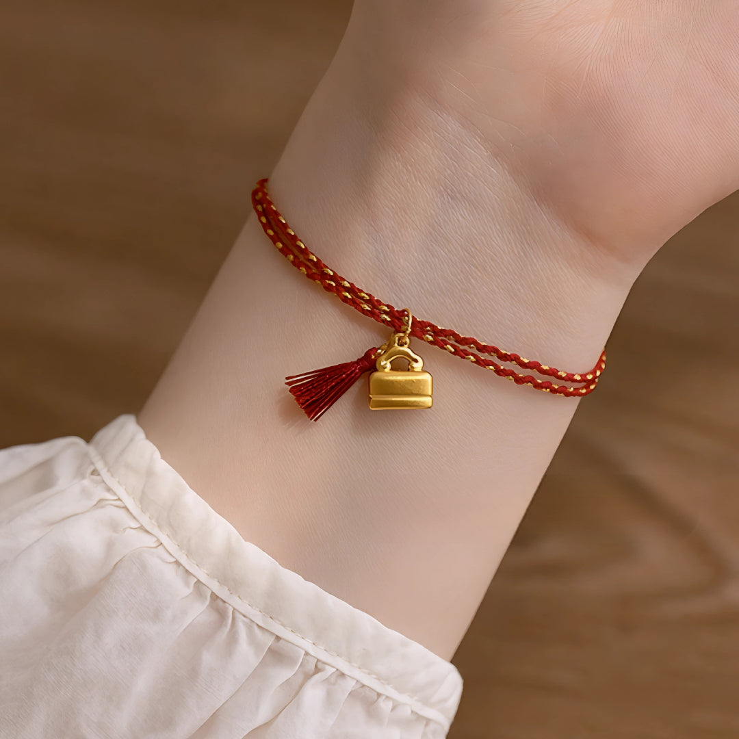 24k Pure 999 Gold Lucky Charm With Chinese"Cherish blessings" Red Rope Bracelet